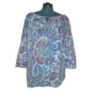 Lauren Ralph Lauren Shirt Blouse Womens 2X Blue Paisley Casual Floral 3/4 Sleeve